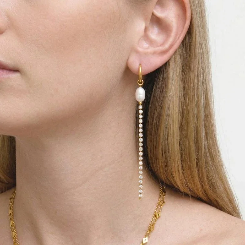 Asymmetric 18K Gold-Plated Pearl Crystal Chain Drop Earrings