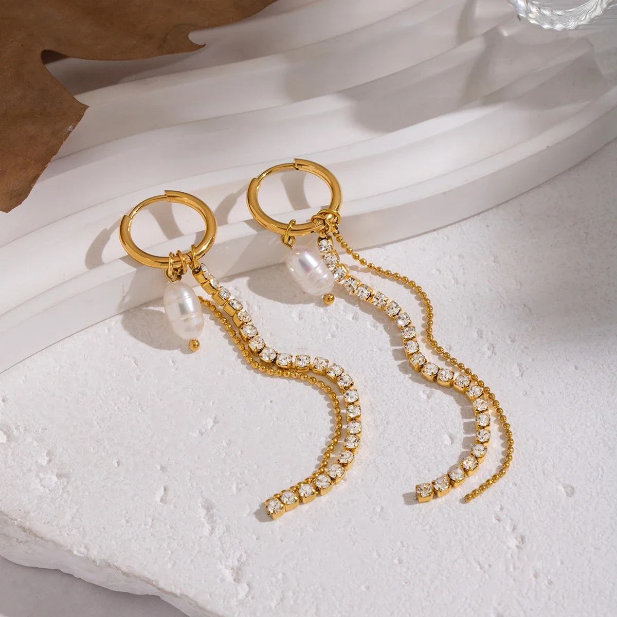 Asymmetric 18K Gold-Plated Pearl Crystal Chain Drop Earrings