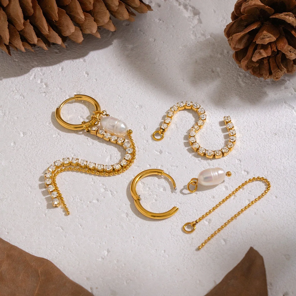 Asymmetric 18K Gold-Plated Pearl Crystal Chain Drop Earrings