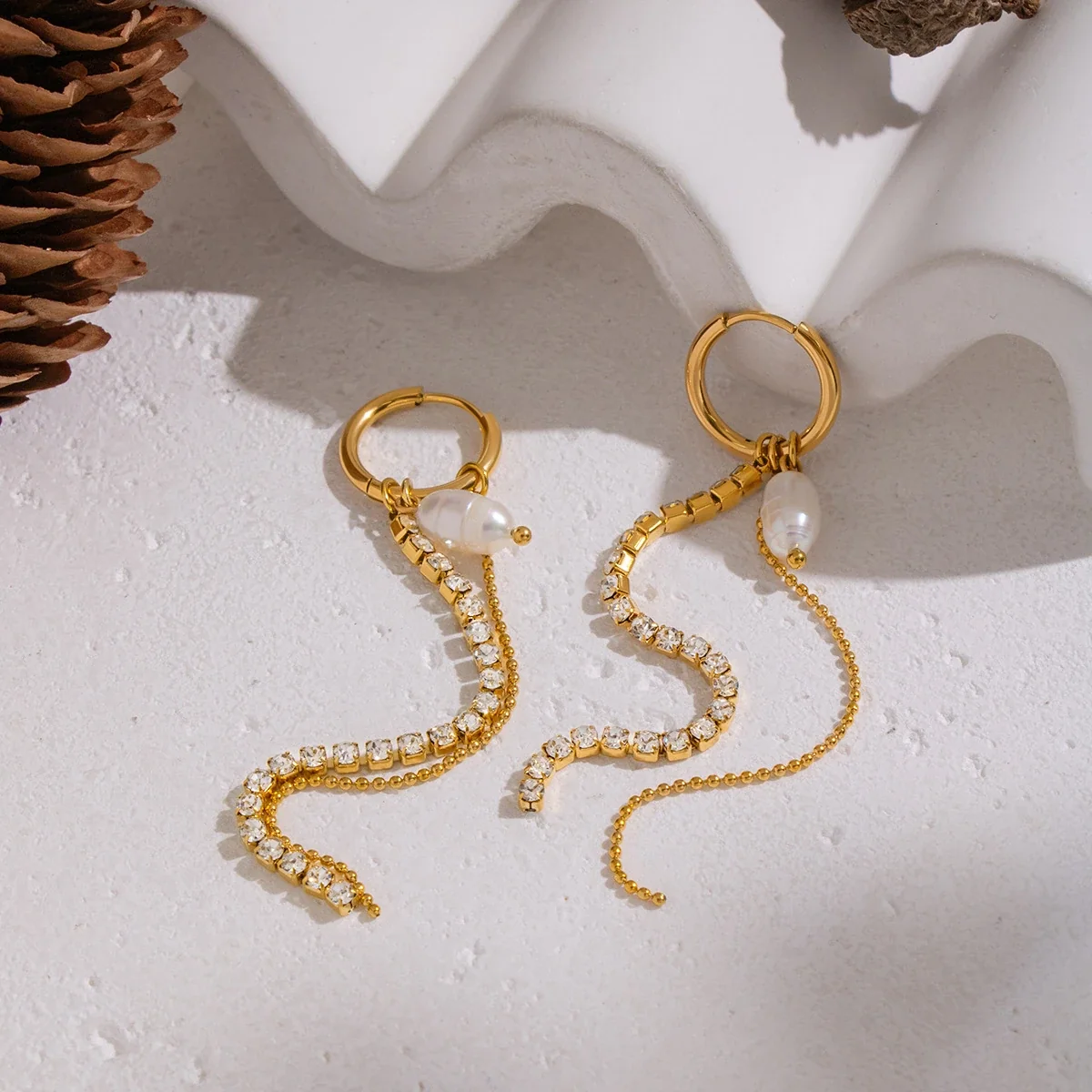 Asymmetric 18K Gold-Plated Pearl Crystal Chain Drop Earrings