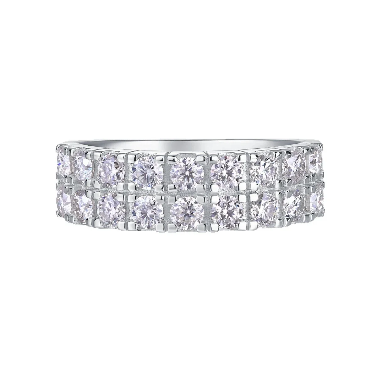 Radiant 925 Sterling Silver Two-Row Round Moissanite Ring