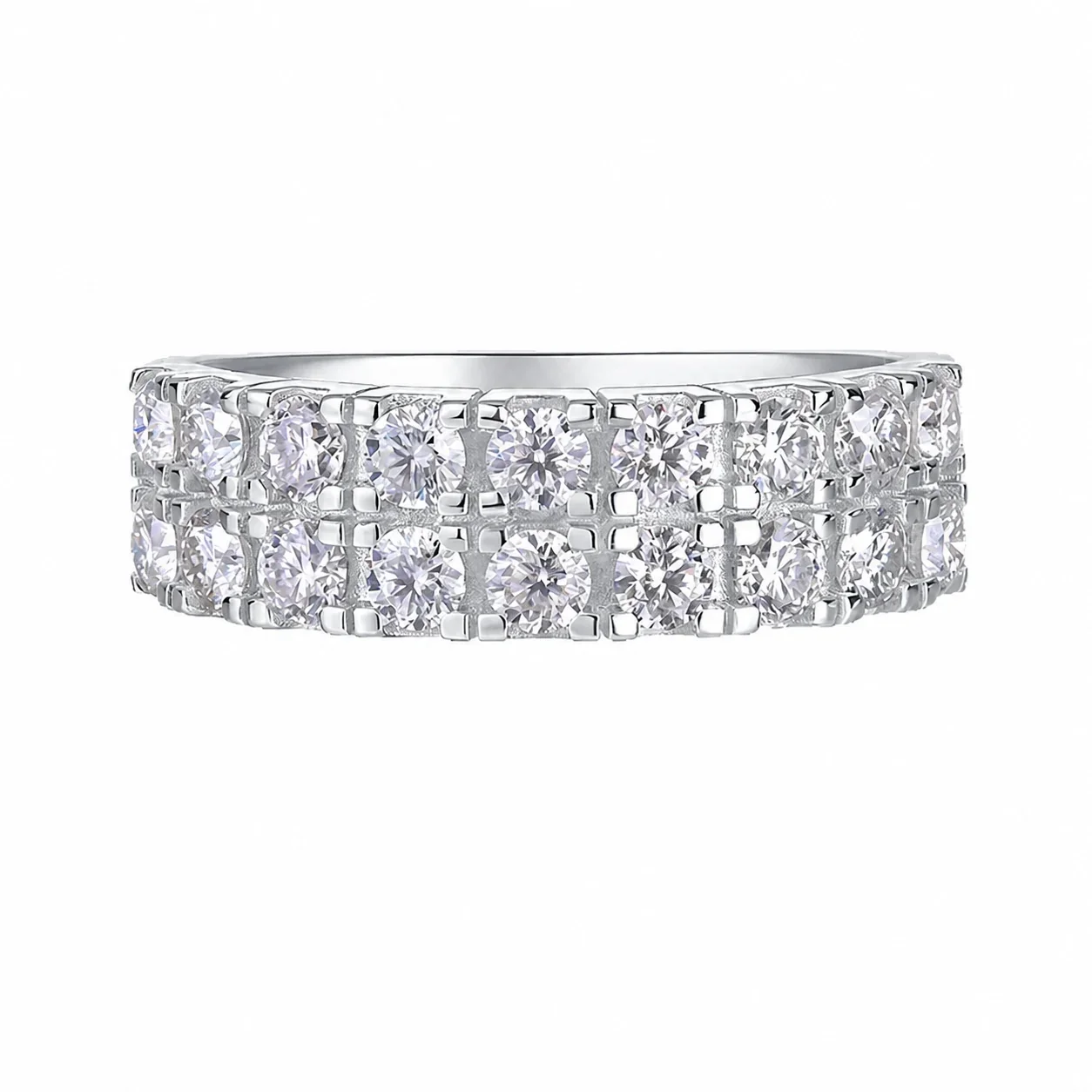 Radiant 925 Sterling Silver Two-Row Round Moissanite Ring