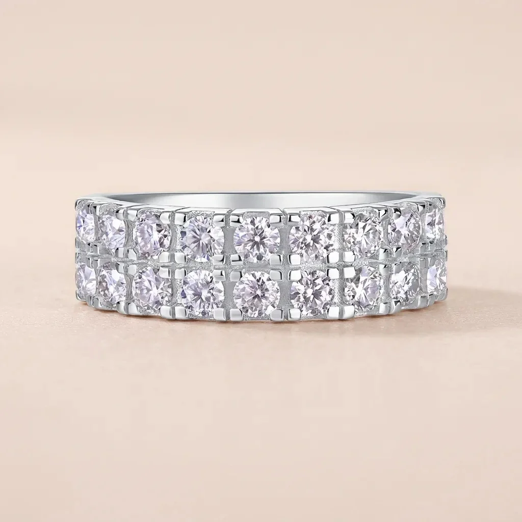Radiant 925 Sterling Silver Two-Row Round Moissanite Ring