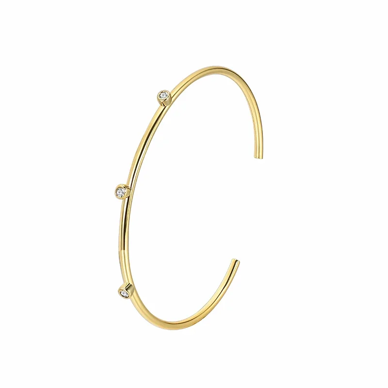 Minimalist 18K Gold-Plated Brass Three-Bezel Open Bangle
