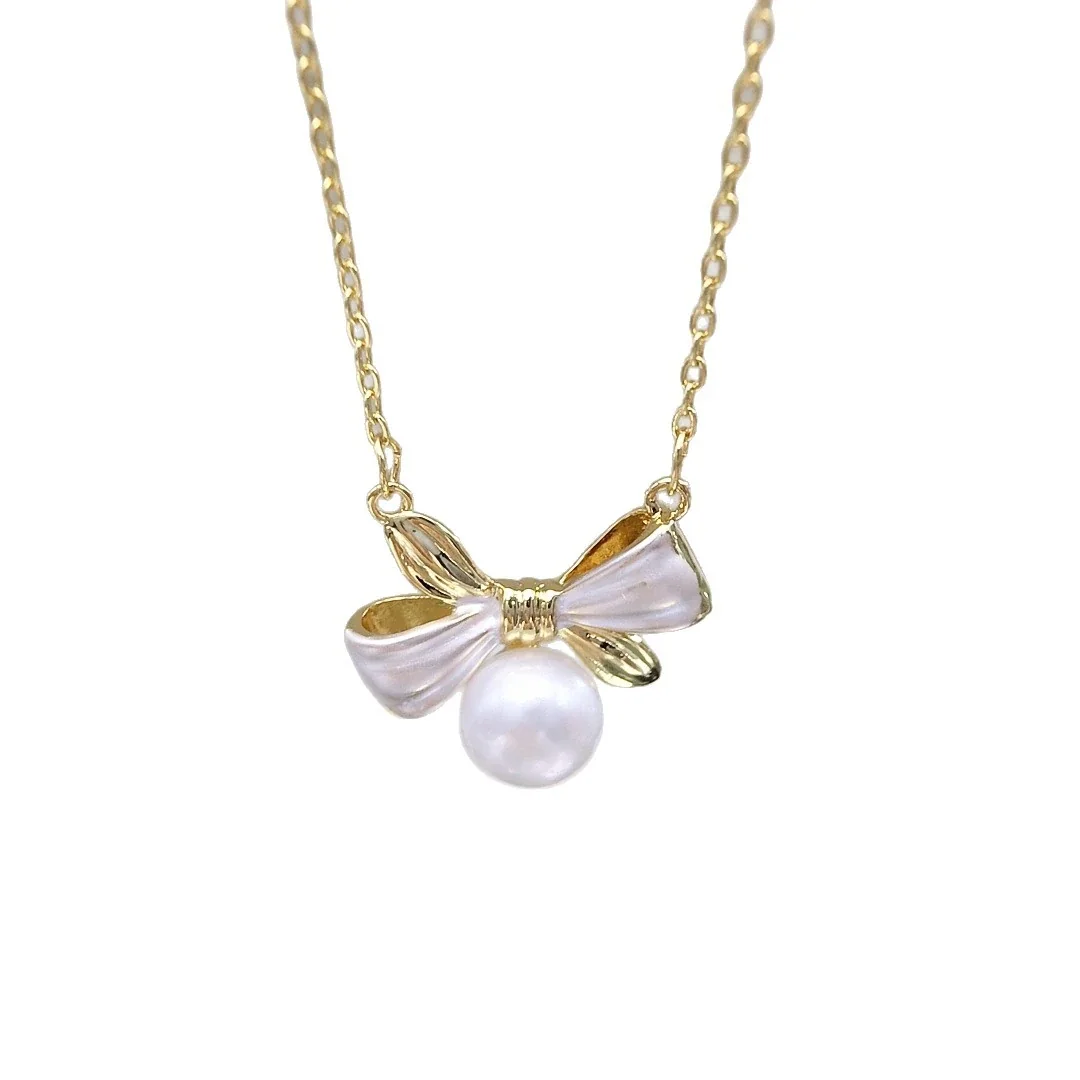 Delicate Gold-Plated Bow Pearl Drop Pendant Necklace