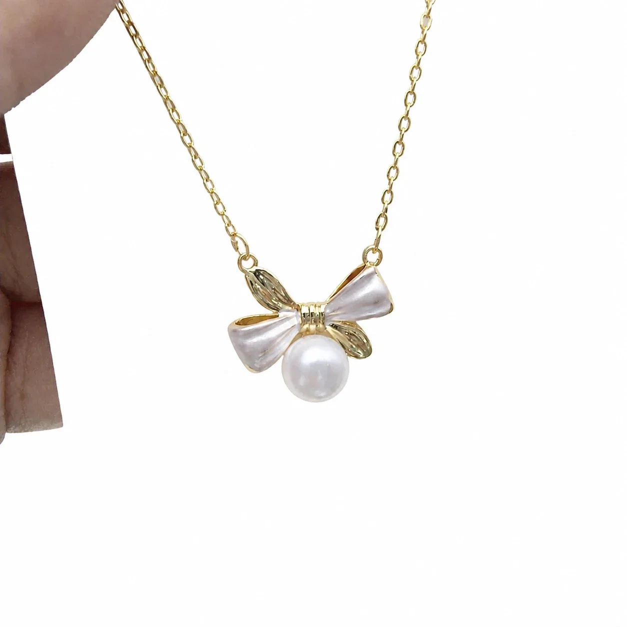 Delicate Gold-Plated Bow Pearl Drop Pendant Necklace