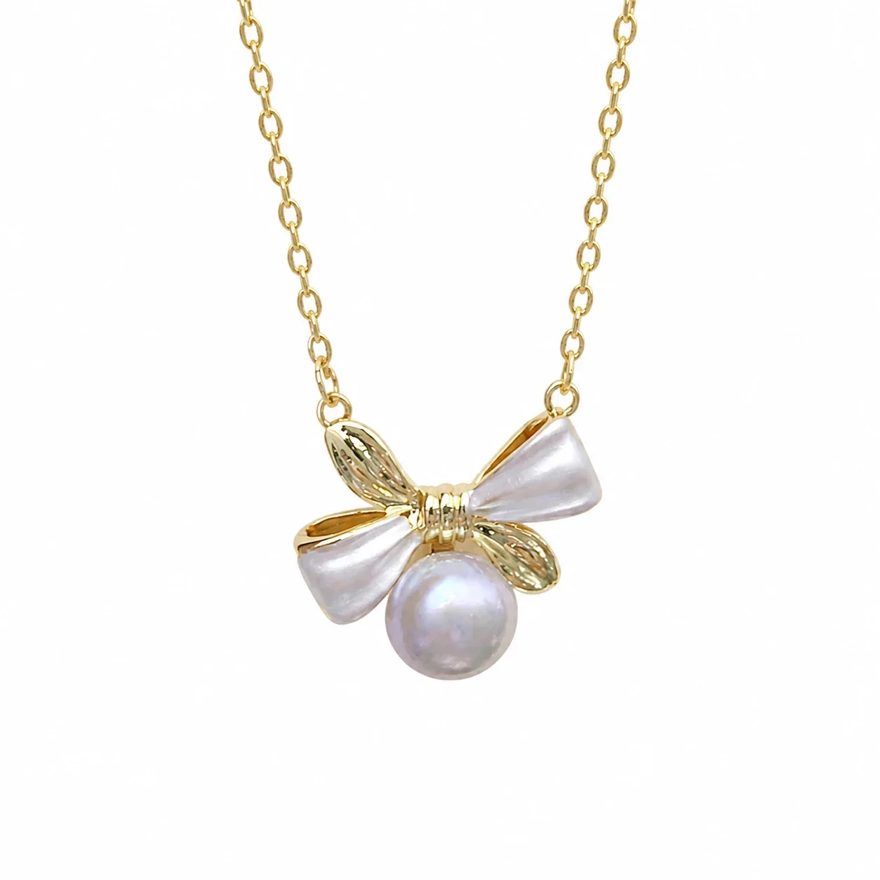 Delicate Gold-Plated Bow Pearl Drop Pendant Necklace