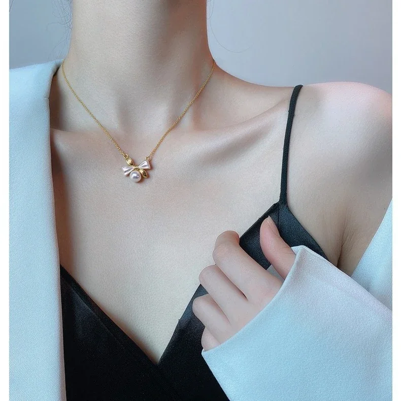 Delicate Gold-Plated Bow Pearl Drop Pendant Necklace