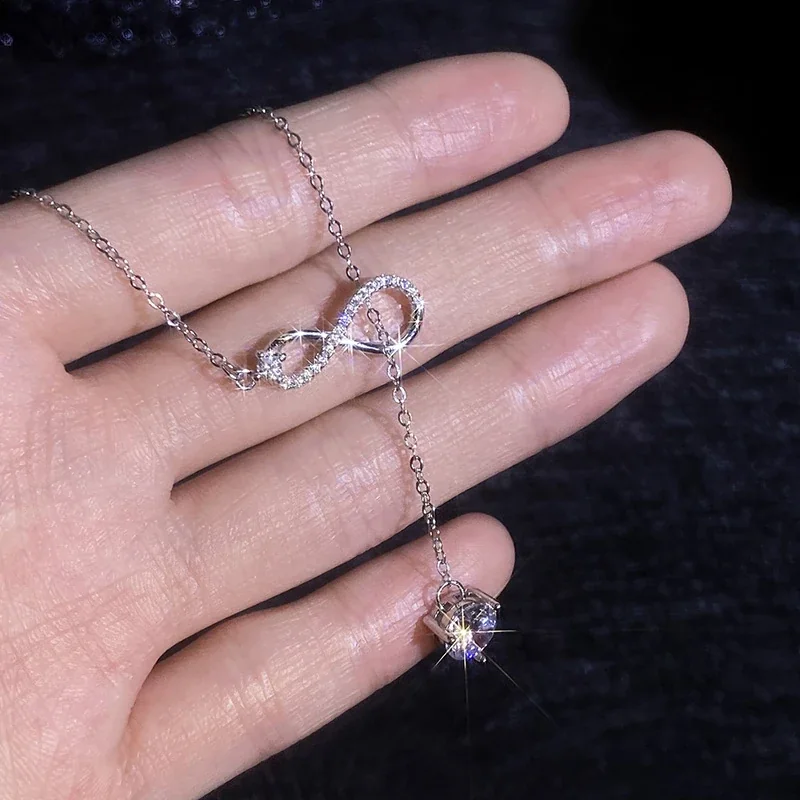 Asymmetric 925 Sterling Silver Pavé Infinity Drop Necklace
