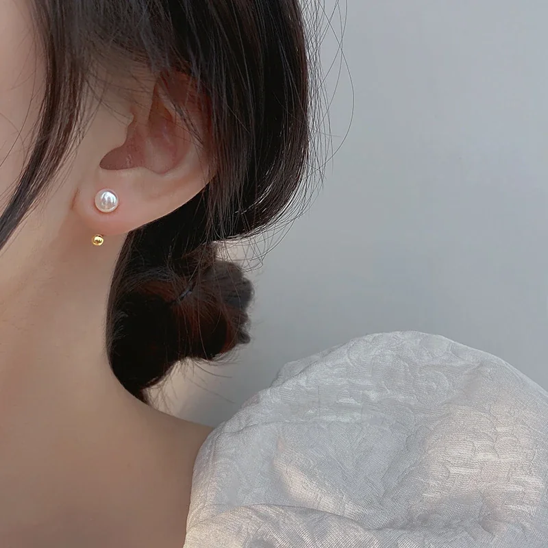 Curved Pearl and Ball 925 Sterling Silver Stud Earrings