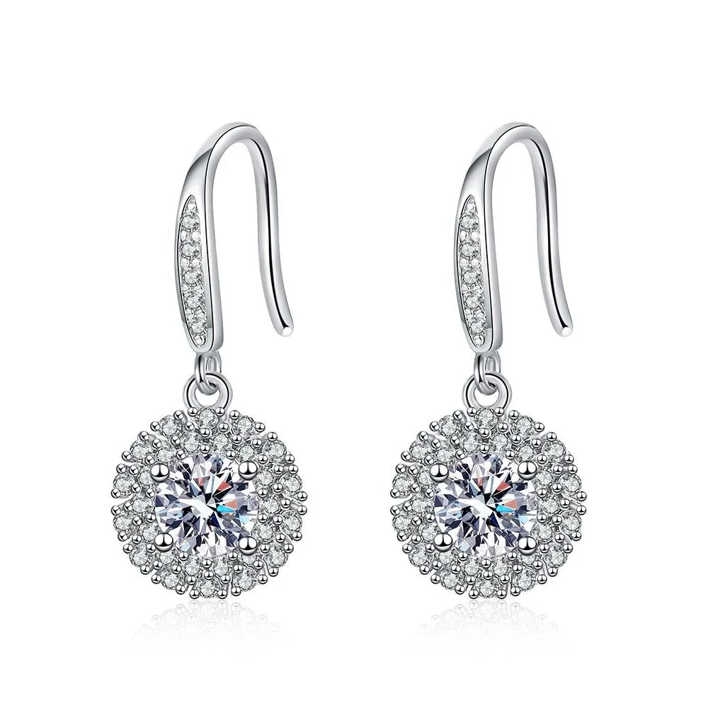 Radiant Round Moissanite Halo 925 Sterling Silver Drop Earrings