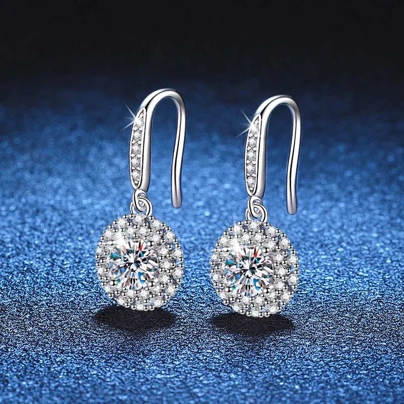 Radiant Round Moissanite Halo 925 Sterling Silver Drop Earrings