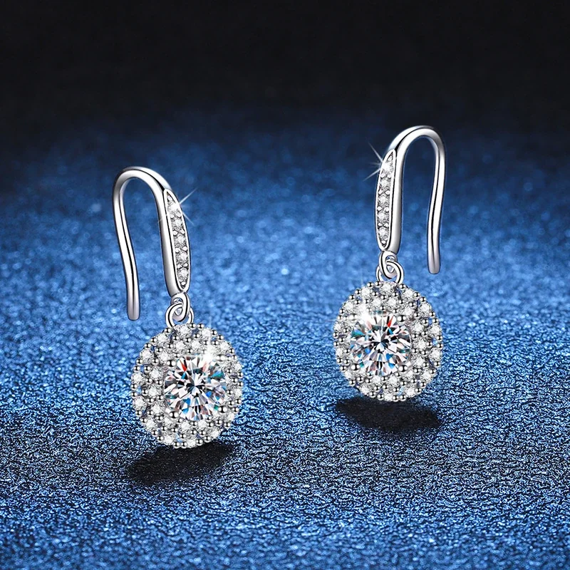 Radiant Round Moissanite Halo 925 Sterling Silver Drop Earrings