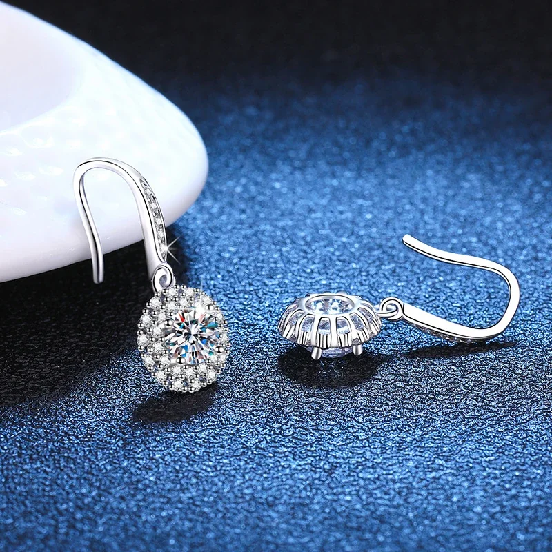 Radiant Round Moissanite Halo 925 Sterling Silver Drop Earrings