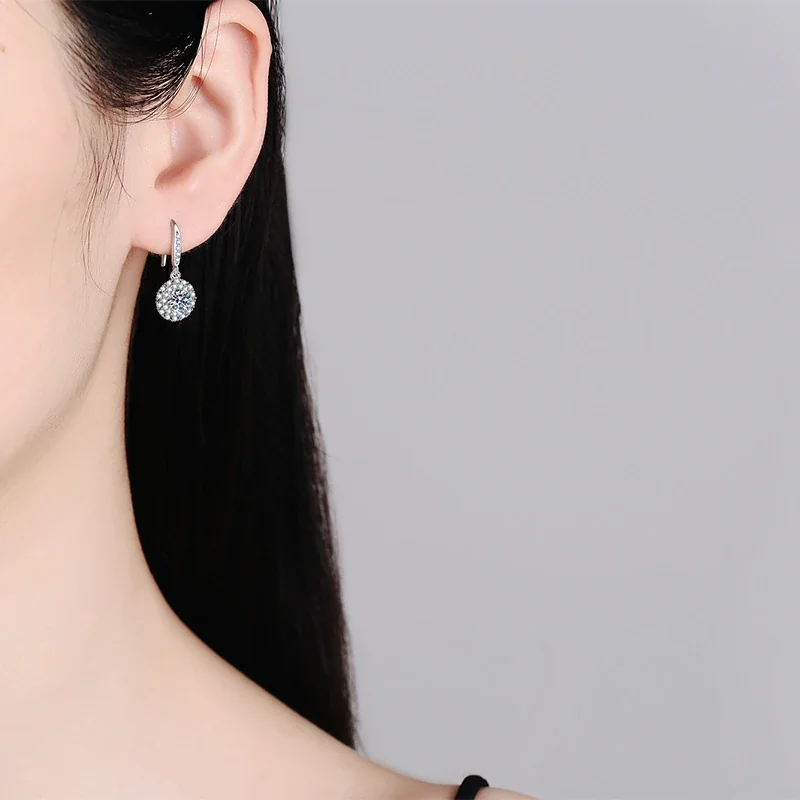 Radiant Round Moissanite Halo 925 Sterling Silver Drop Earrings