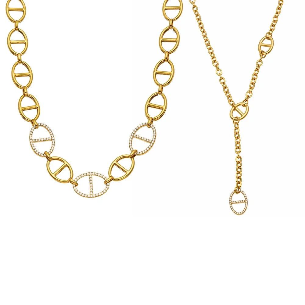 Geometric 18K Gold-Plated Oval CZ Y-Drop Necklace