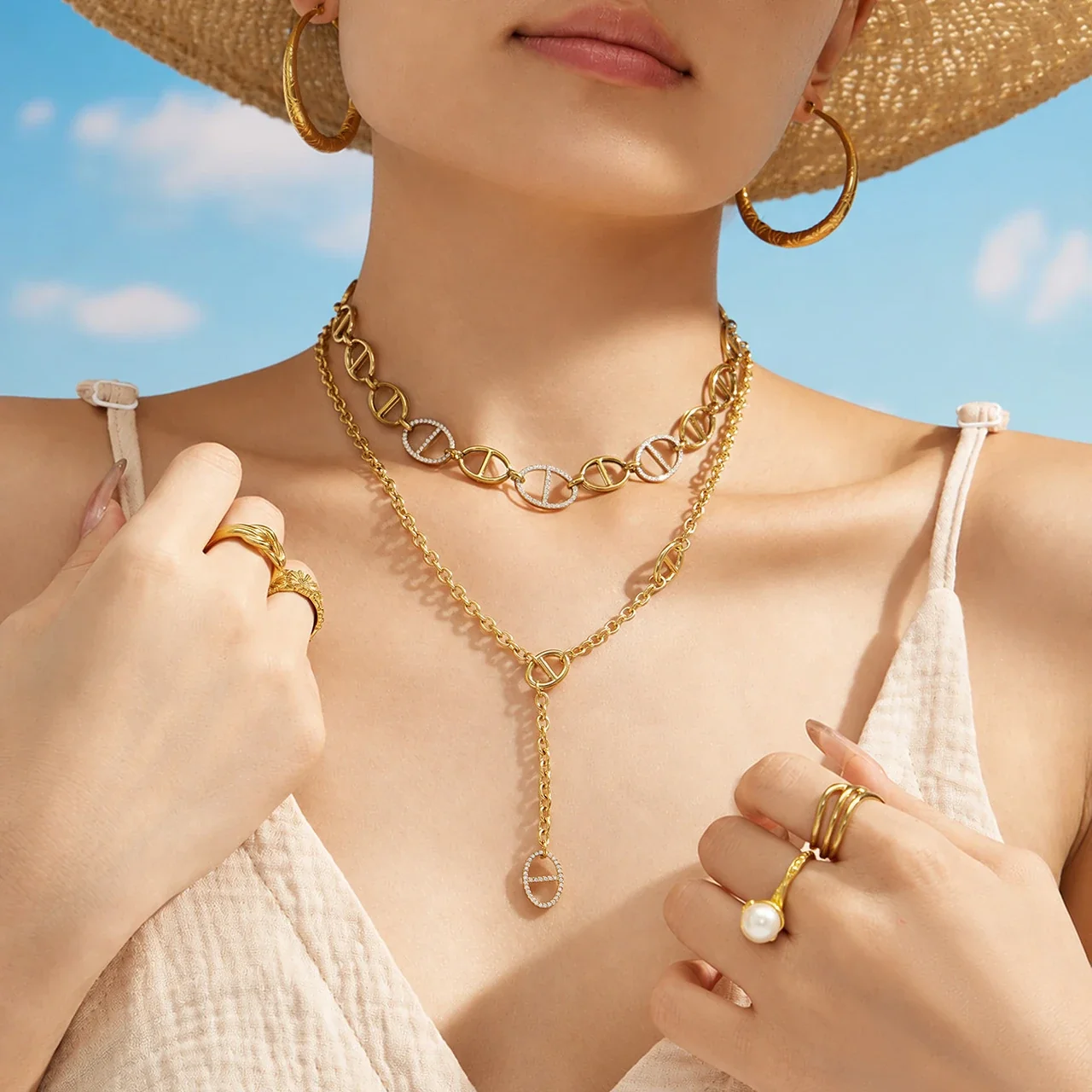 Geometric 18K Gold-Plated Oval CZ Y-Drop Necklace