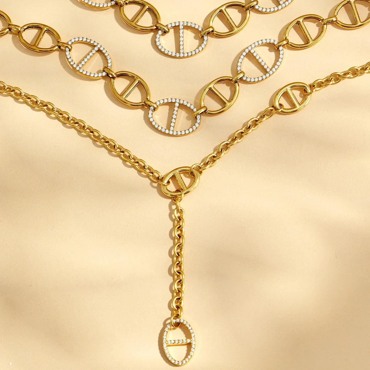Geometric 18K Gold-Plated Oval CZ Y-Drop Necklace