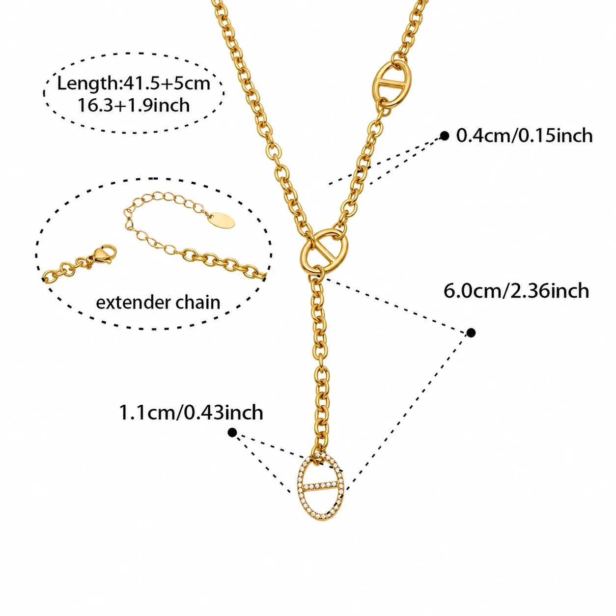 Geometric 18K Gold-Plated Oval CZ Y-Drop Necklace - Gold Y 41.5+5 cm
