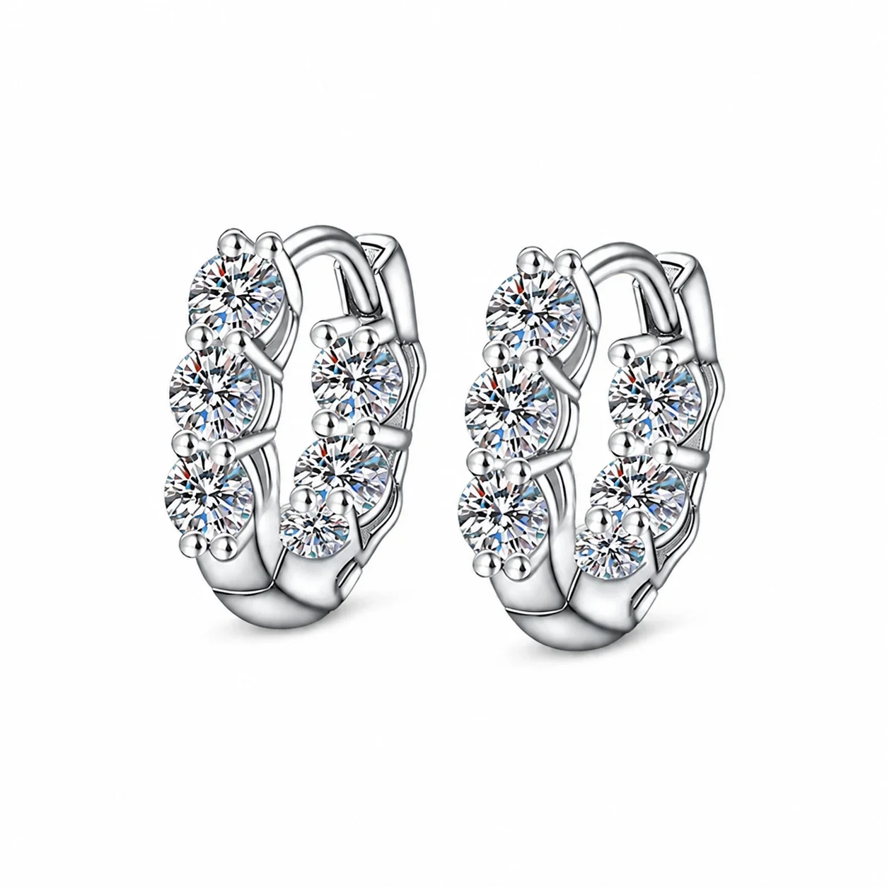 Luminous Six-Stone Prong-Set 925 Sterling Silver Hoop Earrings
