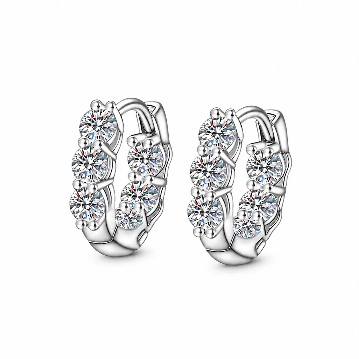 Luminous Six-Stone Prong-Set 925 Sterling Silver Hoop Earrings - Silver