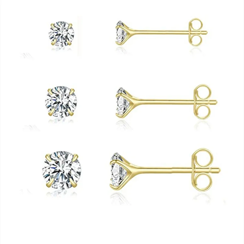 Radiant Gold-Plated Four-Prong Round CZ Stud Earrings