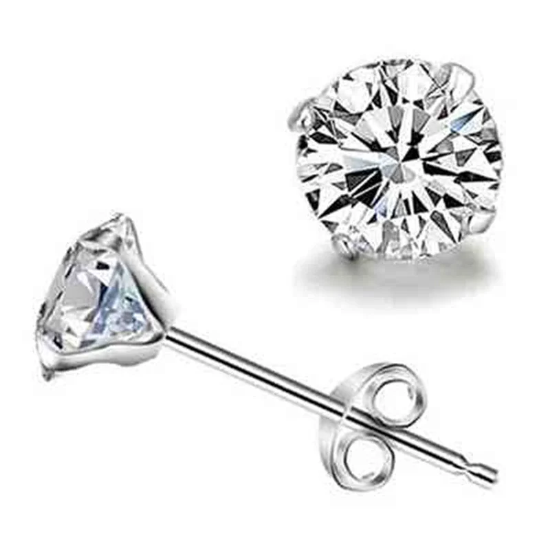 Radiant Gold-Plated Four-Prong Round CZ Stud Earrings - Silver Pair