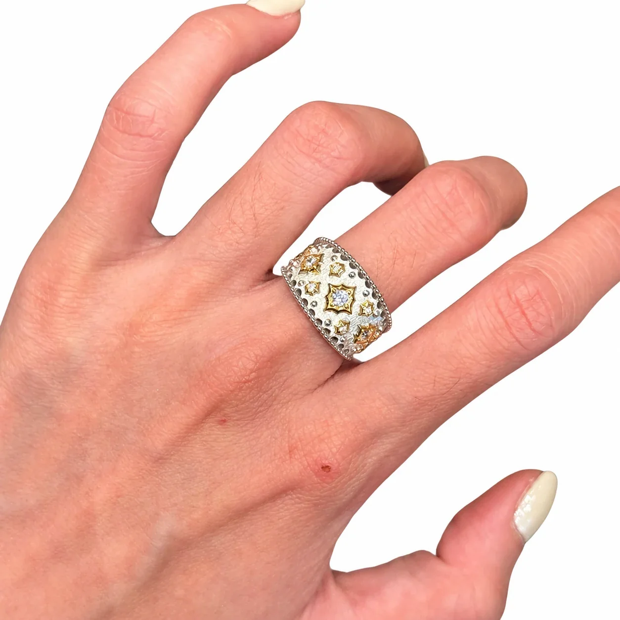 Ornate Two-Tone Brushed Starburst Copper Wide Band Ring