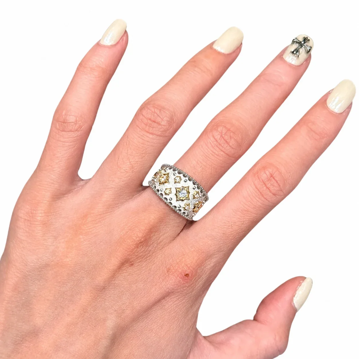 Ornate Two-Tone Brushed Starburst Copper Wide Band Ring