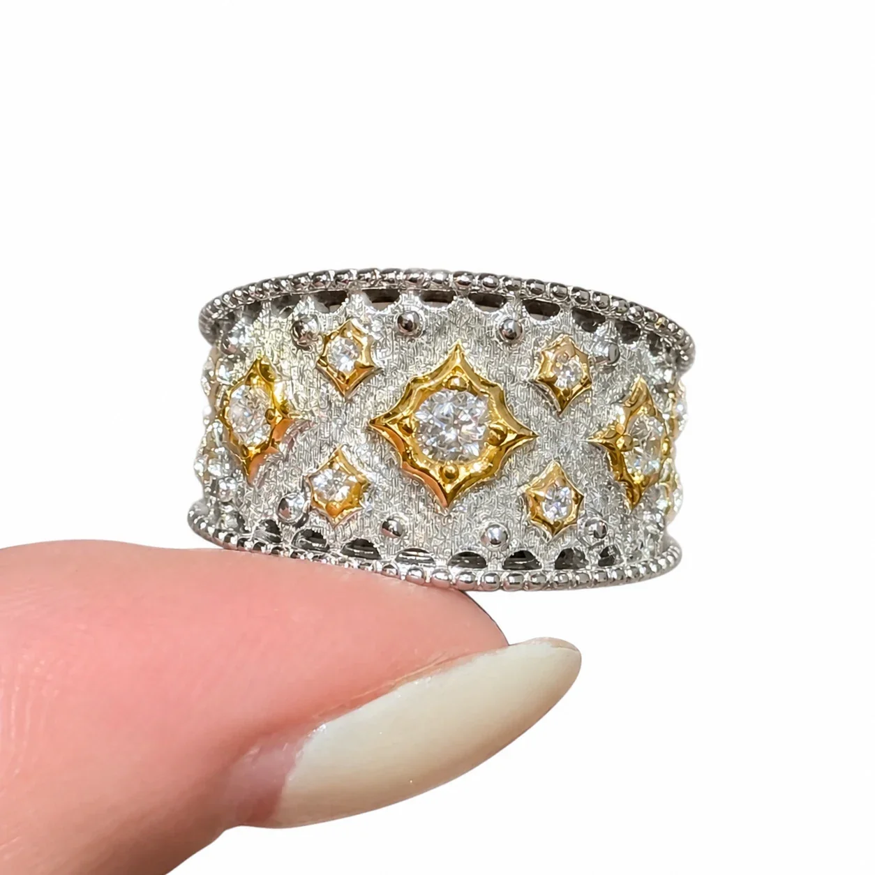 Ornate Two-Tone Brushed Starburst Copper Wide Band Ring