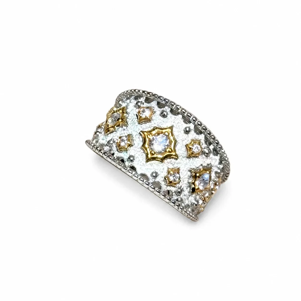 Ornate Two-Tone Brushed Starburst Copper Wide Band Ring