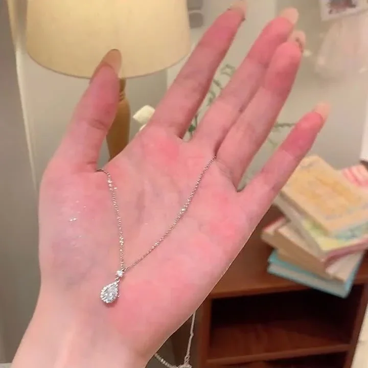 Graceful 925 Sterling Silver Teardrop Halo Pendant Necklace