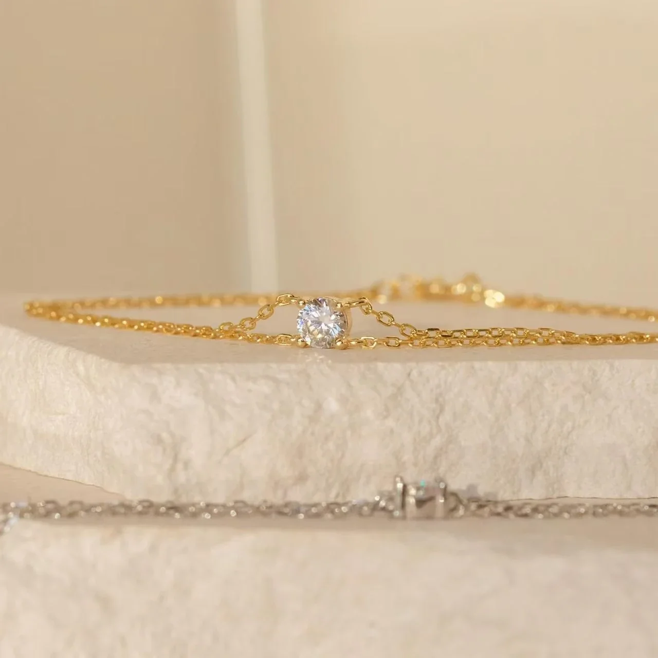 Delicate 925 Sterling Silver Double-Chain Round CZ Bracelet
