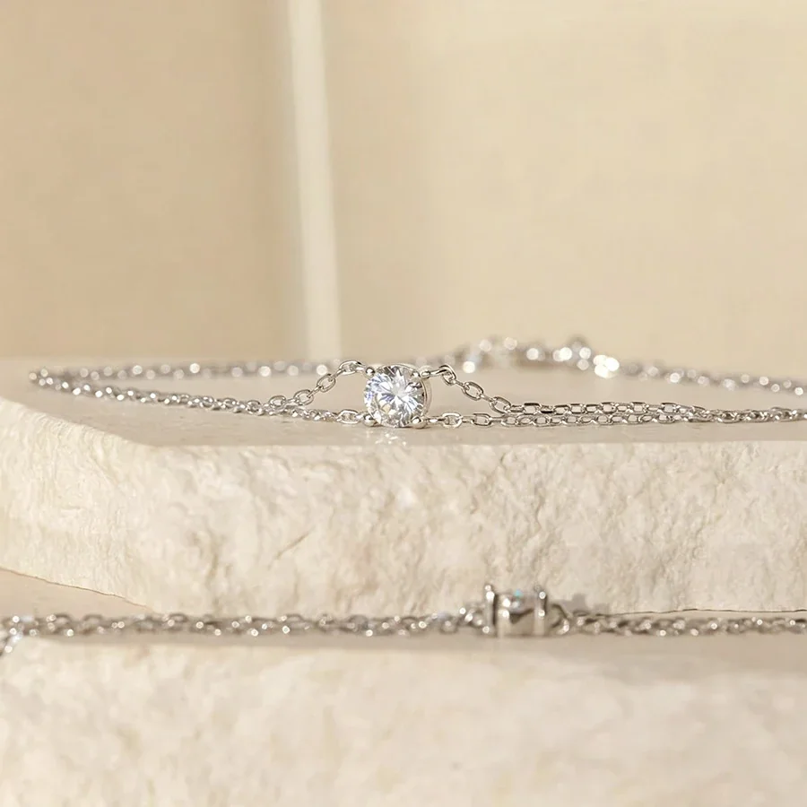 Delicate 925 Sterling Silver Double-Chain Round CZ Bracelet