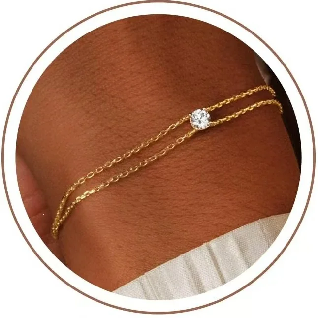 Delicate 925 Sterling Silver Double-Chain Round CZ Bracelet