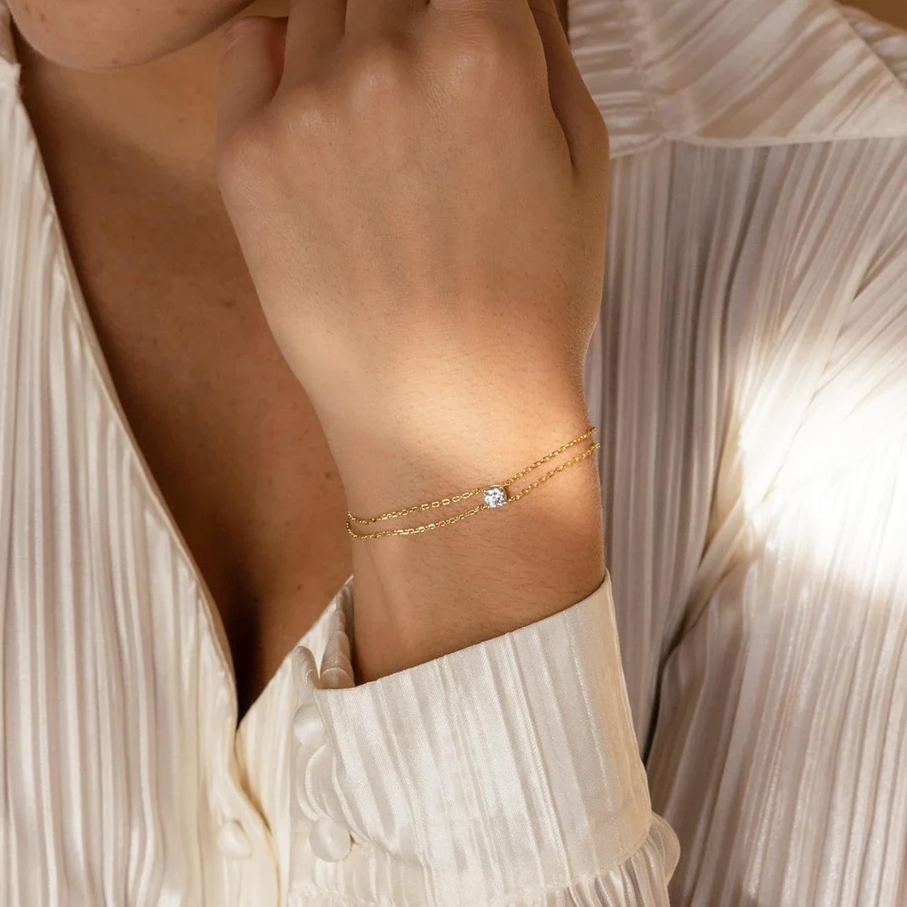 Delicate 925 Sterling Silver Double-Chain Round CZ Bracelet