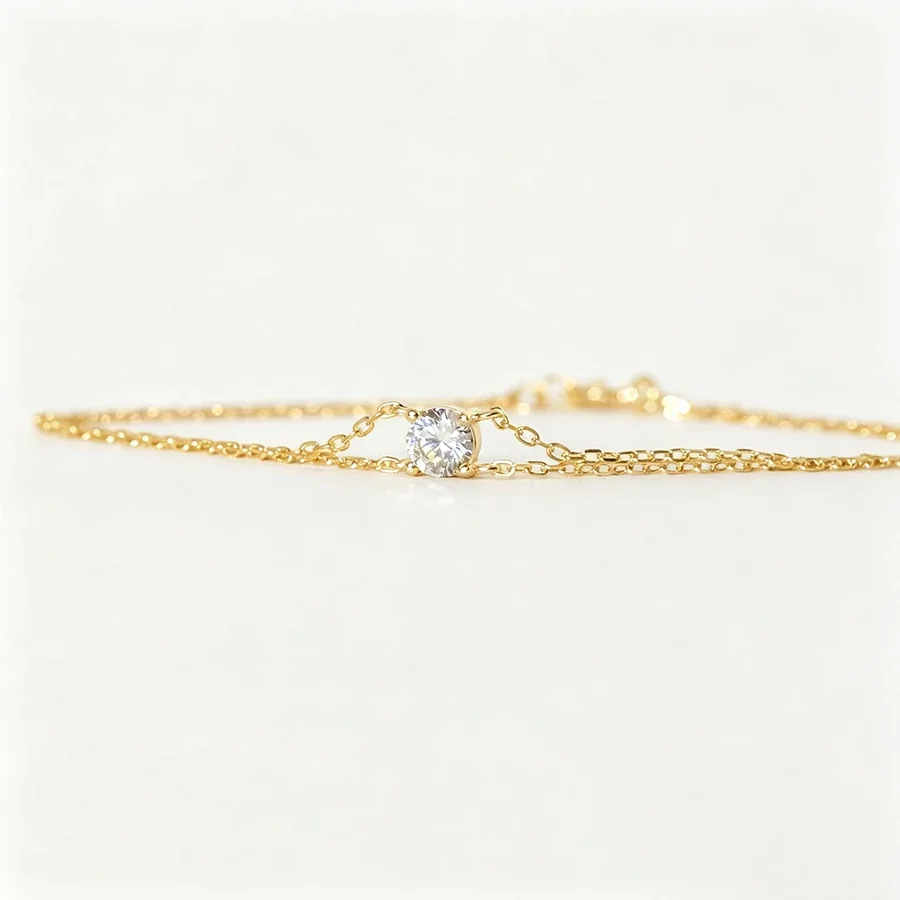 Delicate 925 Sterling Silver Double-Chain Round CZ Bracelet - Gold