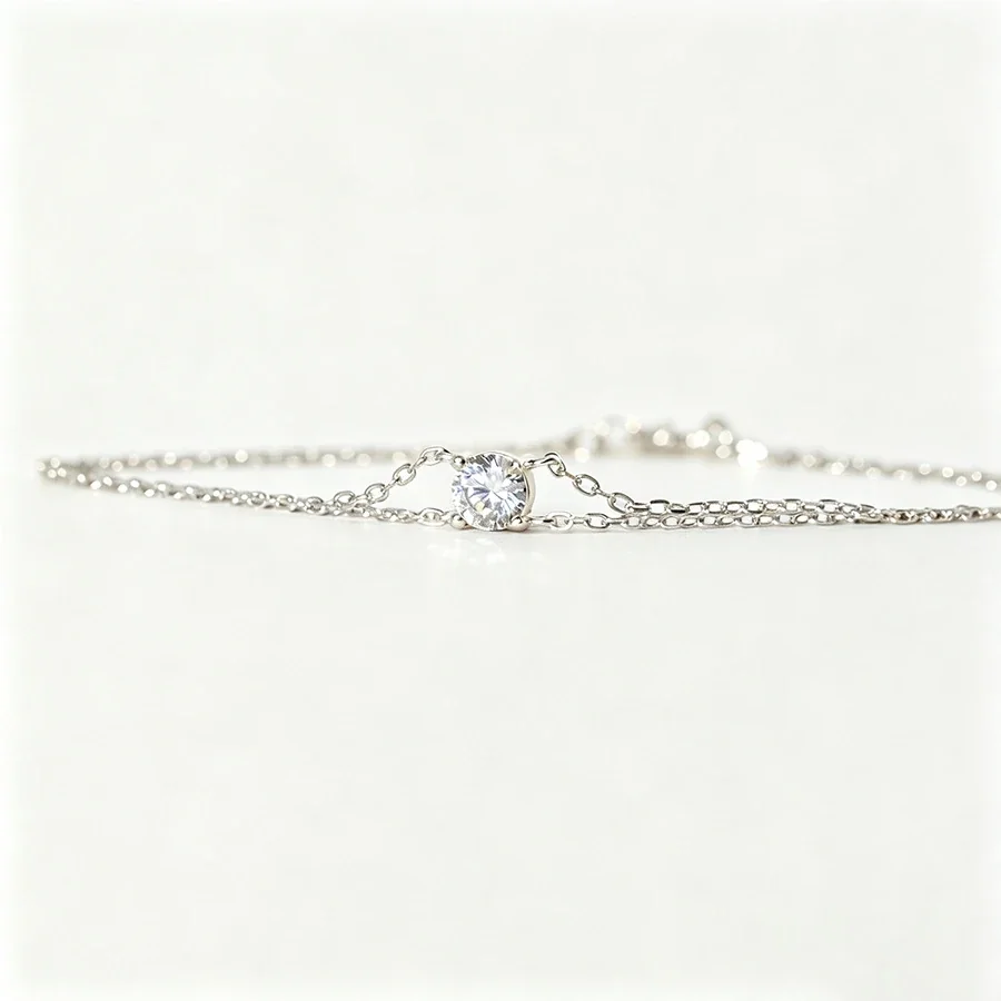 Delicate 925 Sterling Silver Double-Chain Round CZ Bracelet - Silver