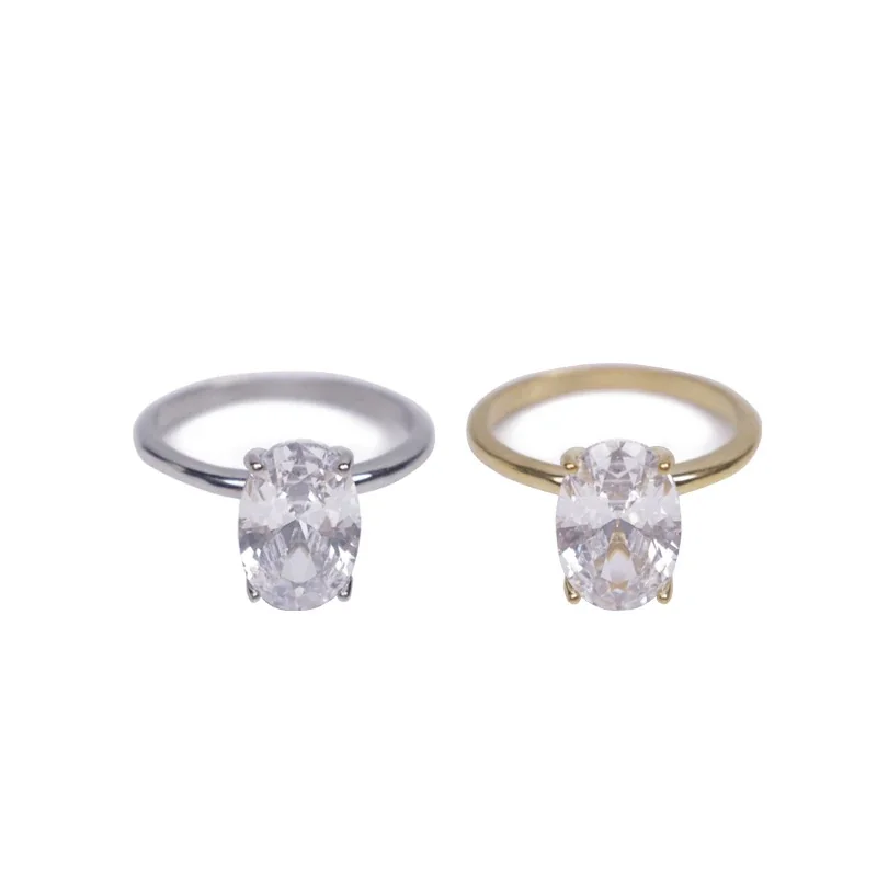 Polished Stainless Steel Oval Four-Prong Solitaire Ring