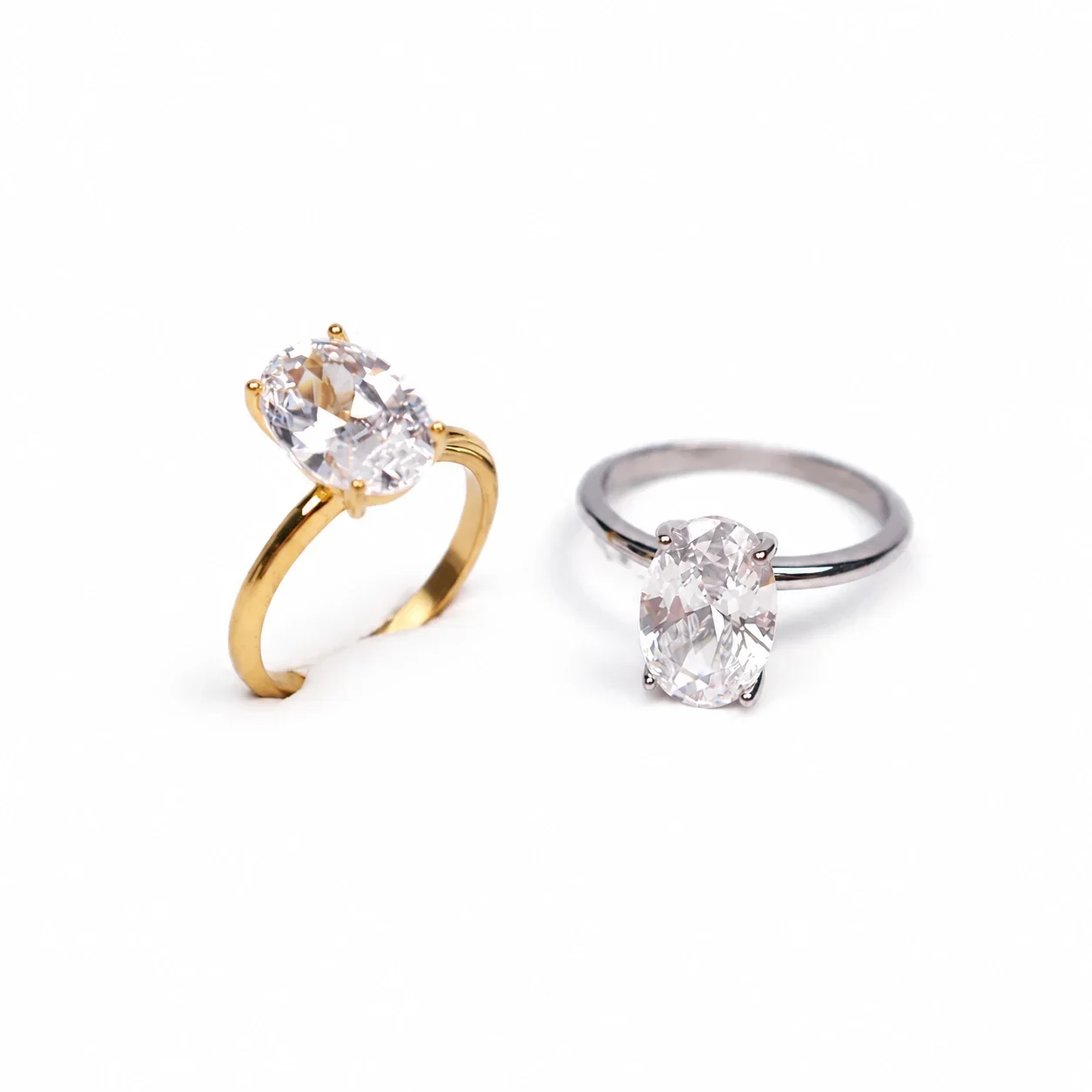 Polished Stainless Steel Oval Four-Prong Solitaire Ring