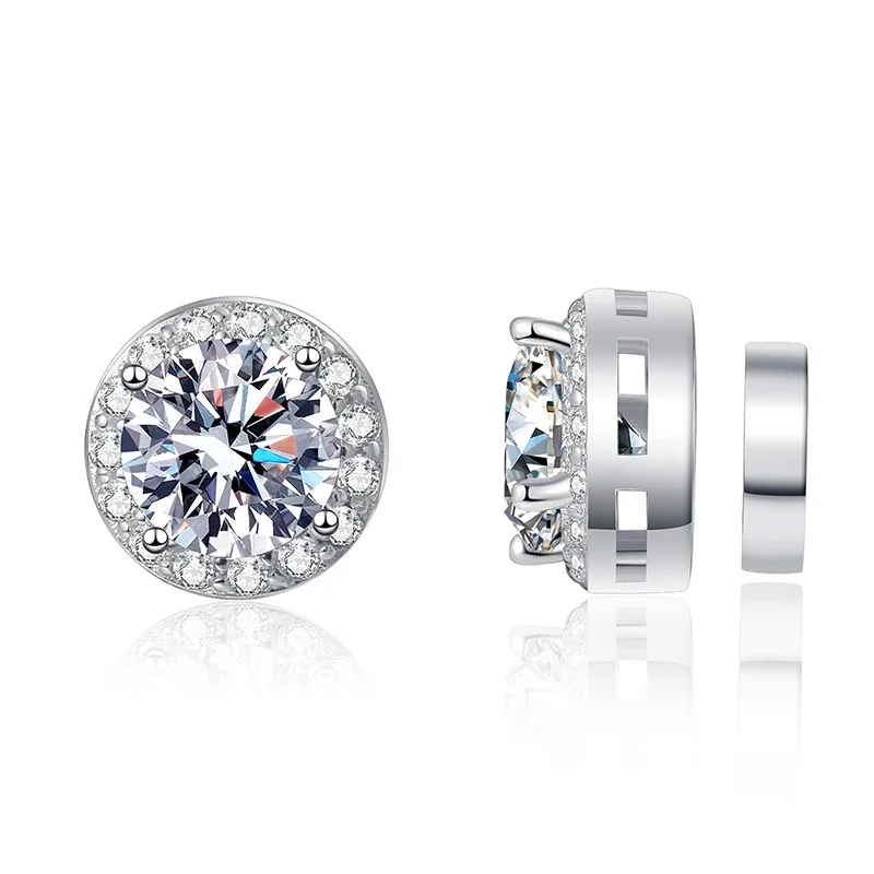 Brilliant Round Halo 925 Sterling Silver Magnetic Stud Earrings