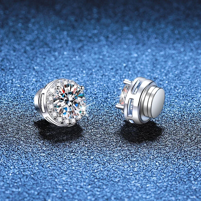 Brilliant Round Halo 925 Sterling Silver Magnetic Stud Earrings
