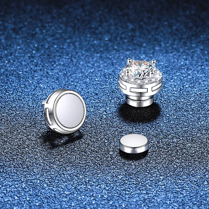 Brilliant Round Halo 925 Sterling Silver Magnetic Stud Earrings