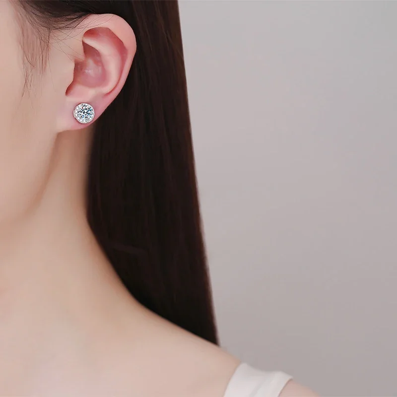 Brilliant Round Halo 925 Sterling Silver Magnetic Stud Earrings