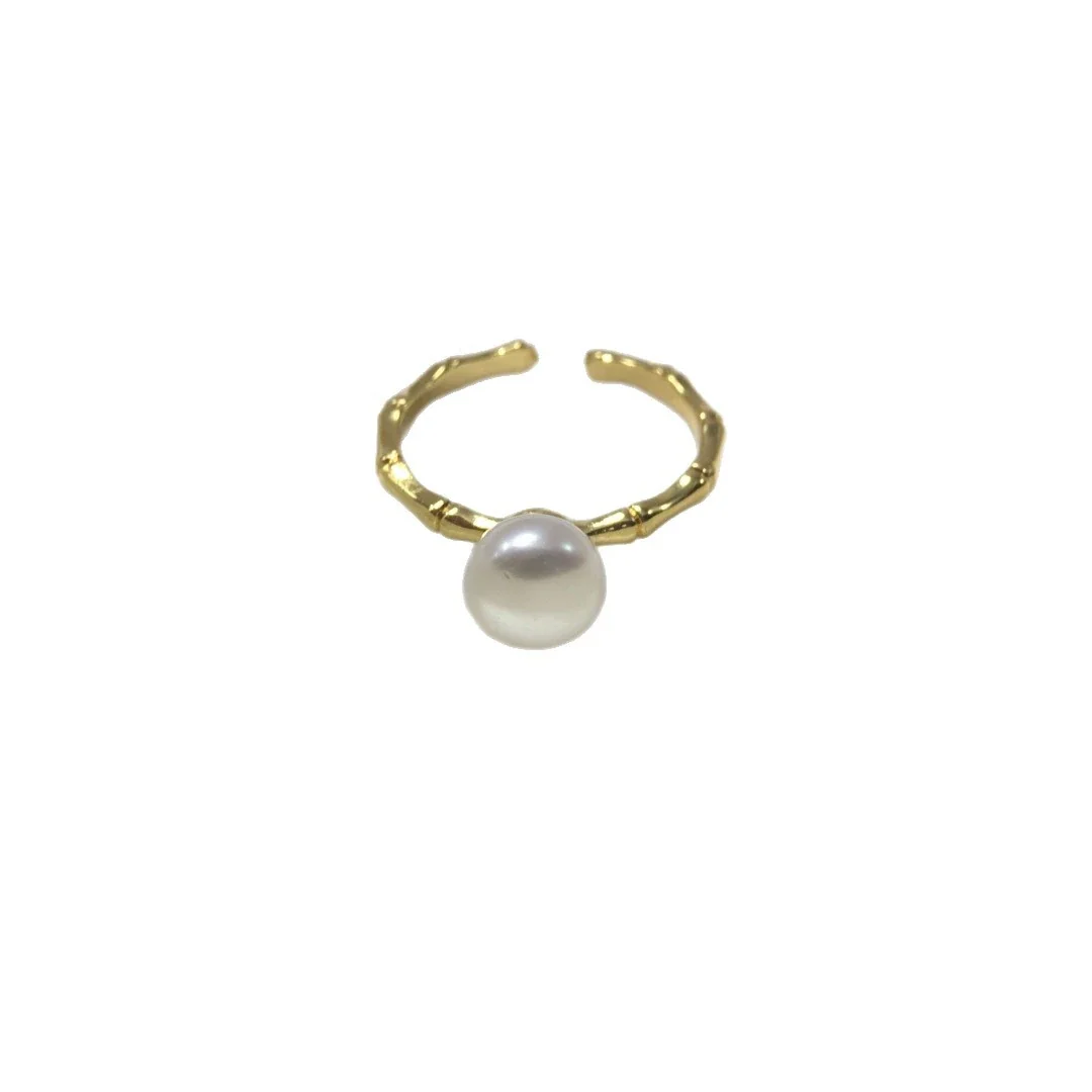 Lustrous Textured Bamboo Band Freshwater Pearl Open Ring