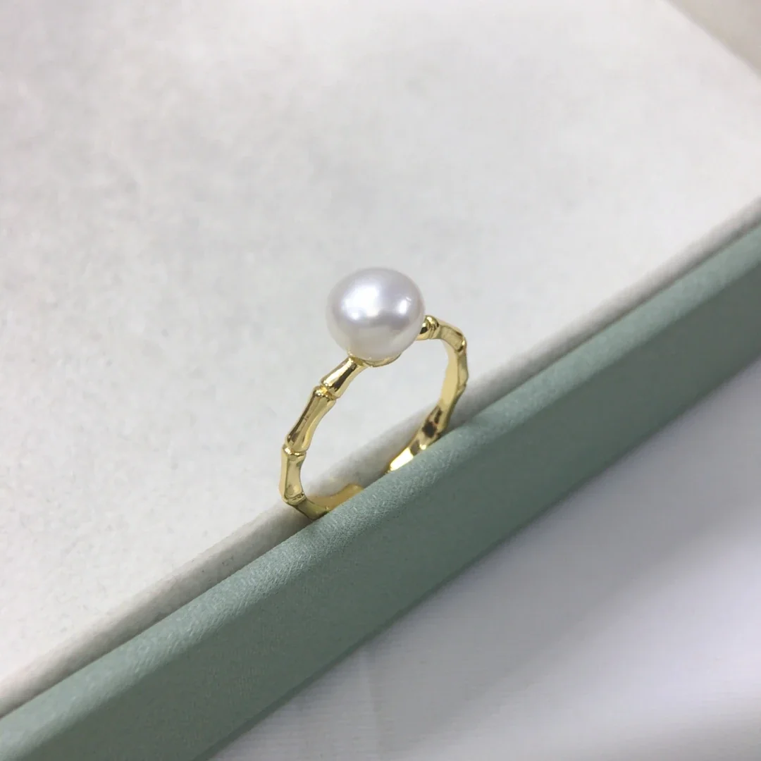 Lustrous Textured Bamboo Band Freshwater Pearl Open Ring