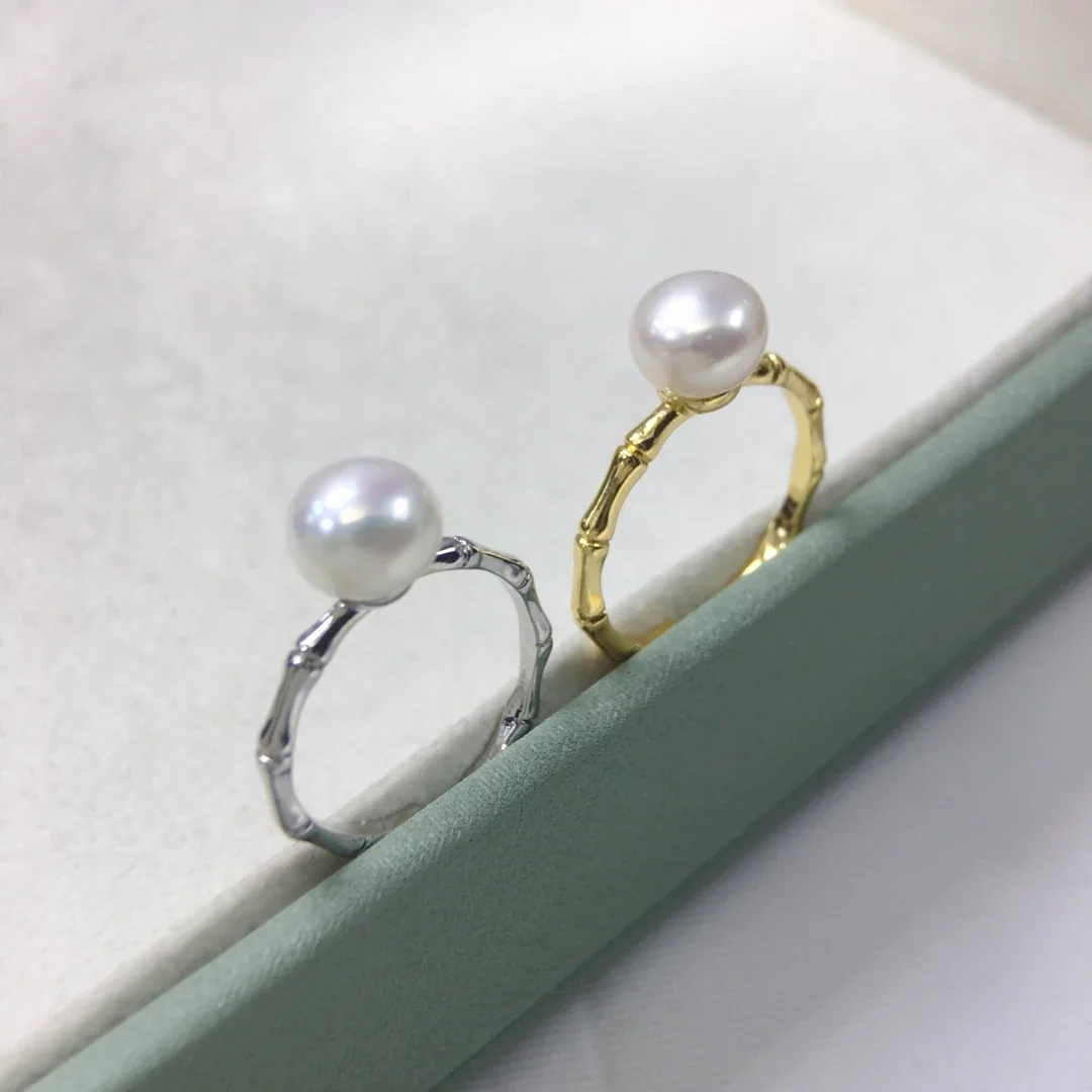 Lustrous Textured Bamboo Band Freshwater Pearl Open Ring