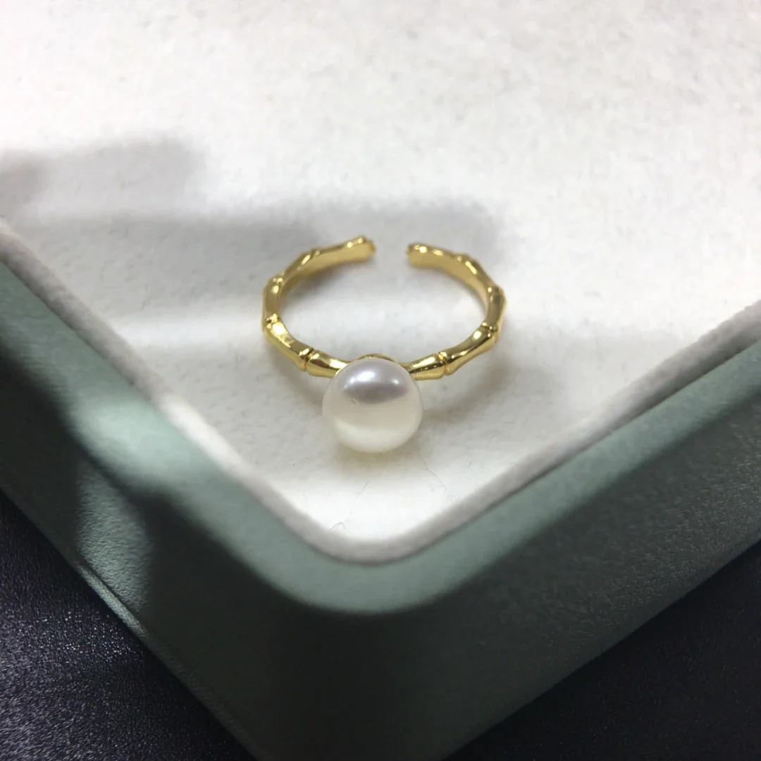 Lustrous Textured Bamboo Band Freshwater Pearl Open Ring