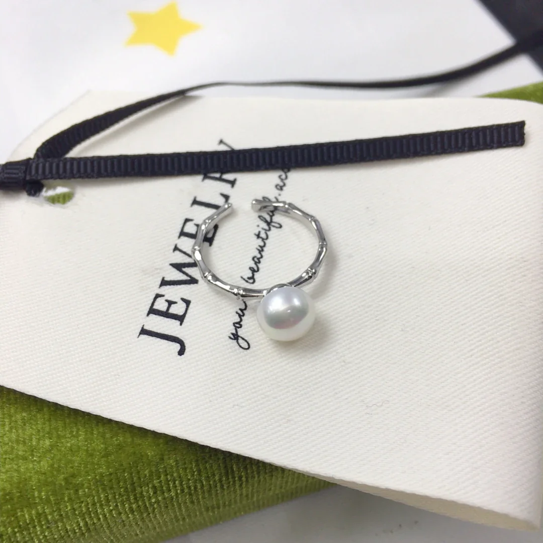 Lustrous Textured Bamboo Band Freshwater Pearl Open Ring - Silver