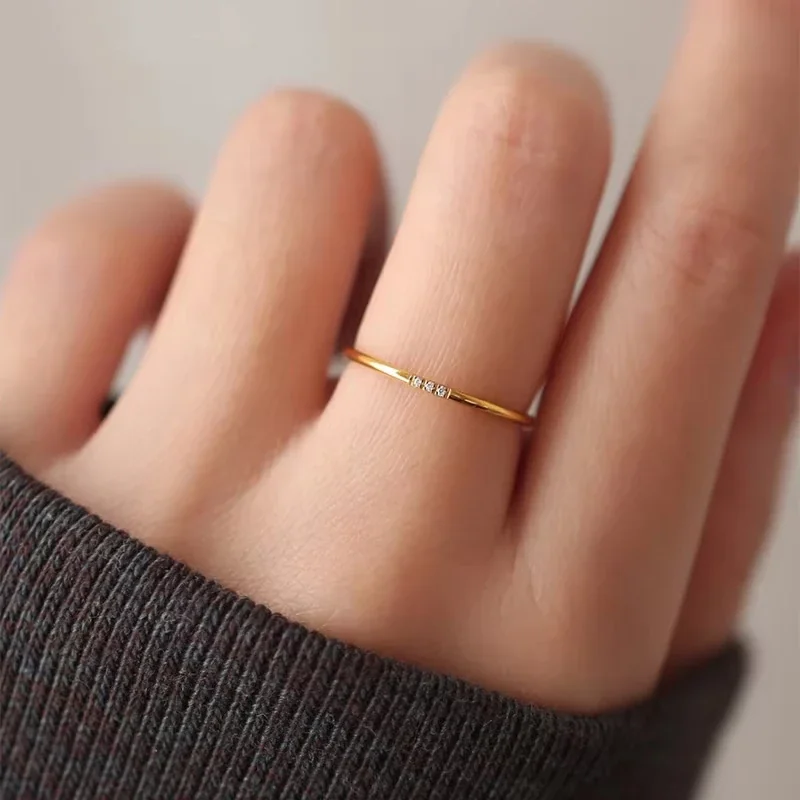 Minimalist Stainless Steel Round Stone Slim Band Ring